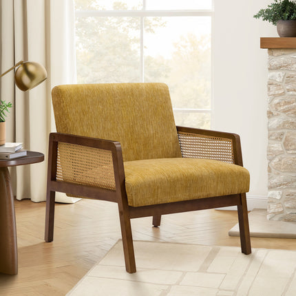 Accent Chair, 30'h, Upholstered, Living Room, Bedroom, Gold Fabric, Brown Walnut Solid Wood, Modern, Mid Century