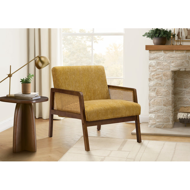 Accent Chair, 30'h, Upholstered, Living Room, Bedroom, Gold Fabric, Brown Walnut Solid Wood, Modern, Mid Century