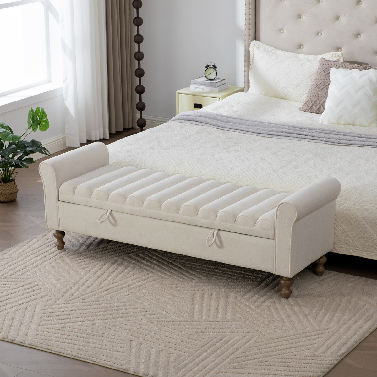 65.55' Wide Modern Upholstered  Storage Bench , Napped fabric Bed End Foot Stool With Rolled Armrest, Bench Daybed With Rubberwood Legs For Living Room, Entryway, Dormitory, Bedroom,Beige