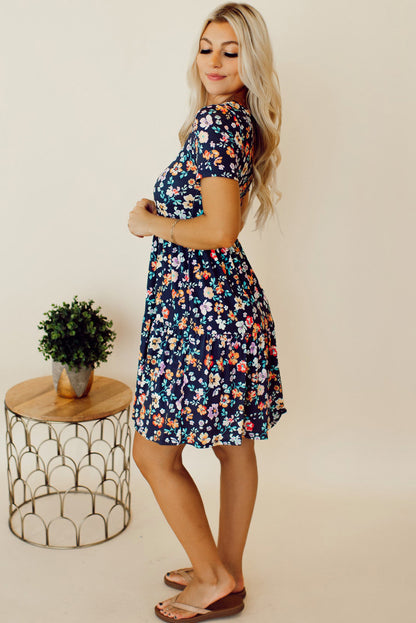 Blue Boho Floral A Line Smocked Waist Mini Dress - Eloy Royal