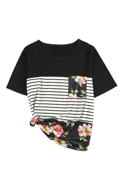 Black Stripe Floral Casual Splicing Block Plus Size Top - Eloy Royal