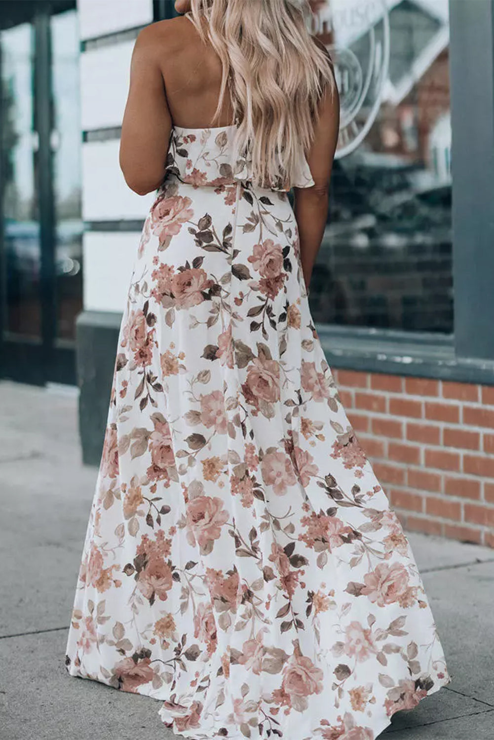 White Floral Slit Ruffled Halterneck Maxi Dress - Eloy Royal