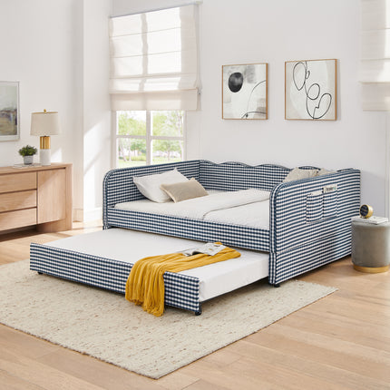 Full‑Size Daybed, Gingham Upholstered 3‑in‑1 Versatile Convertible Sofa Bed with Pull‑Out Trundle & Side Storage Pockets, Ideal for Multiple Room Layouts and Small‑Space Living-Dark Blue