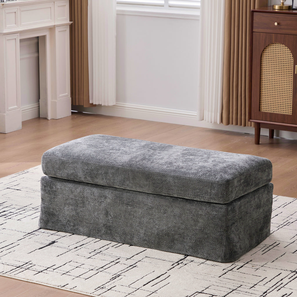 43.7' Wide Modern Upholstered Chenille Ottoman, Foot Stool Square Footrest with Black Metal Legs for Living Room Bedroom Entryway and Office, Charcoal