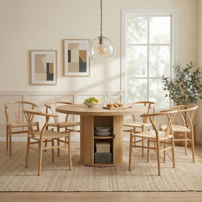 6-piece set of wooden color woven dining chairs, including a 47.2-inch round Roman column table with storage function, suitable for restaurants/wooden color