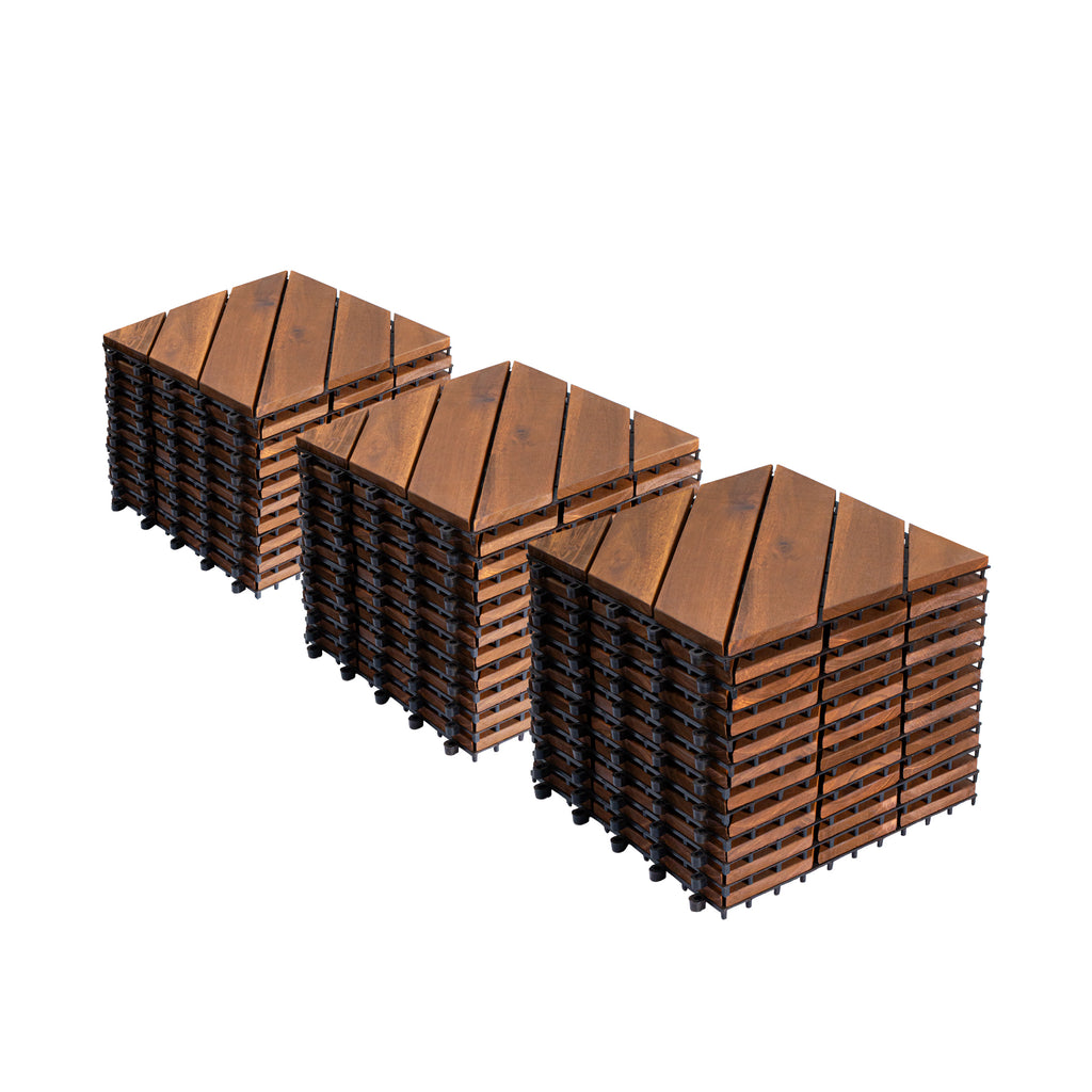Acacia Wood Interlocking Deck Tiles 12x12 Inches Diagonal Pattern Outdoor Patio Flooring Brown Wood Waterproof All-Weather Decking