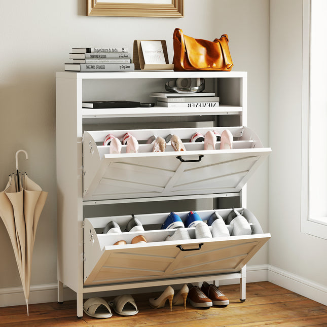 Metal Shoe Cabinet White - 2 Flip Drawers +Open Storage Layer Rack, Slim 11.8'D Freestanding Steel Shoe Organizer, Anti-Tip Hidden Entryway Shoe Rack