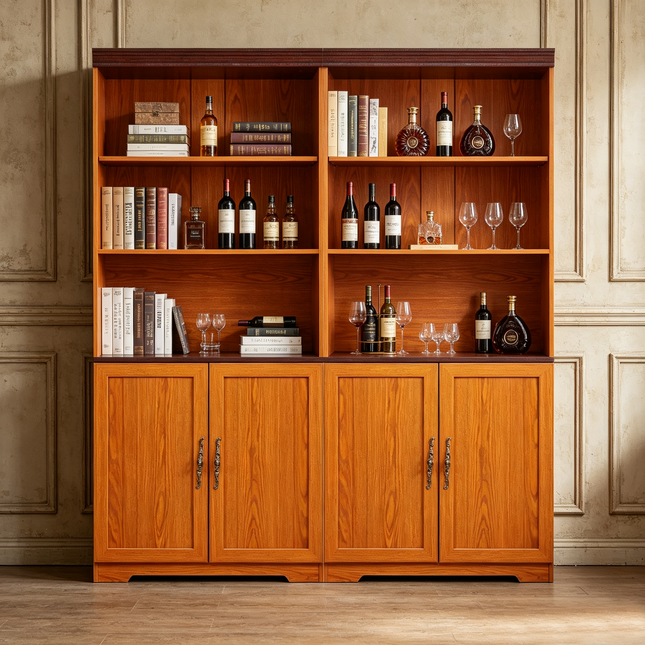 Freely Combine Set Of 2 PCS Tall Storage Bookcase, Height Adjustable Open Shelves & Closed Door Cabinet, Anti-Tip Sturdy Wine Storage MDF Display Bookshelf for Living Room Study Bedroom Home Office