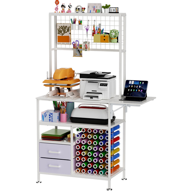 Large Foldable Heat Press Table with Storage, Pegboard and Hooks, Heat Press Stand with Vinyl Holder and Drawer, Metal Craft Table Workbench for DIY Sublimation Transfer
