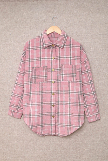 Wholesale Pink Plaid Casual Button Up Shirt Shacket with Slits - Eloy Royal