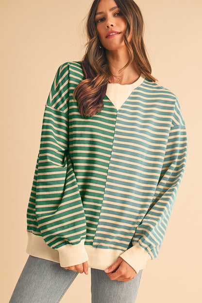 Brown Stripe Colorblock Drop Shoulder Oversize Sweatshirt