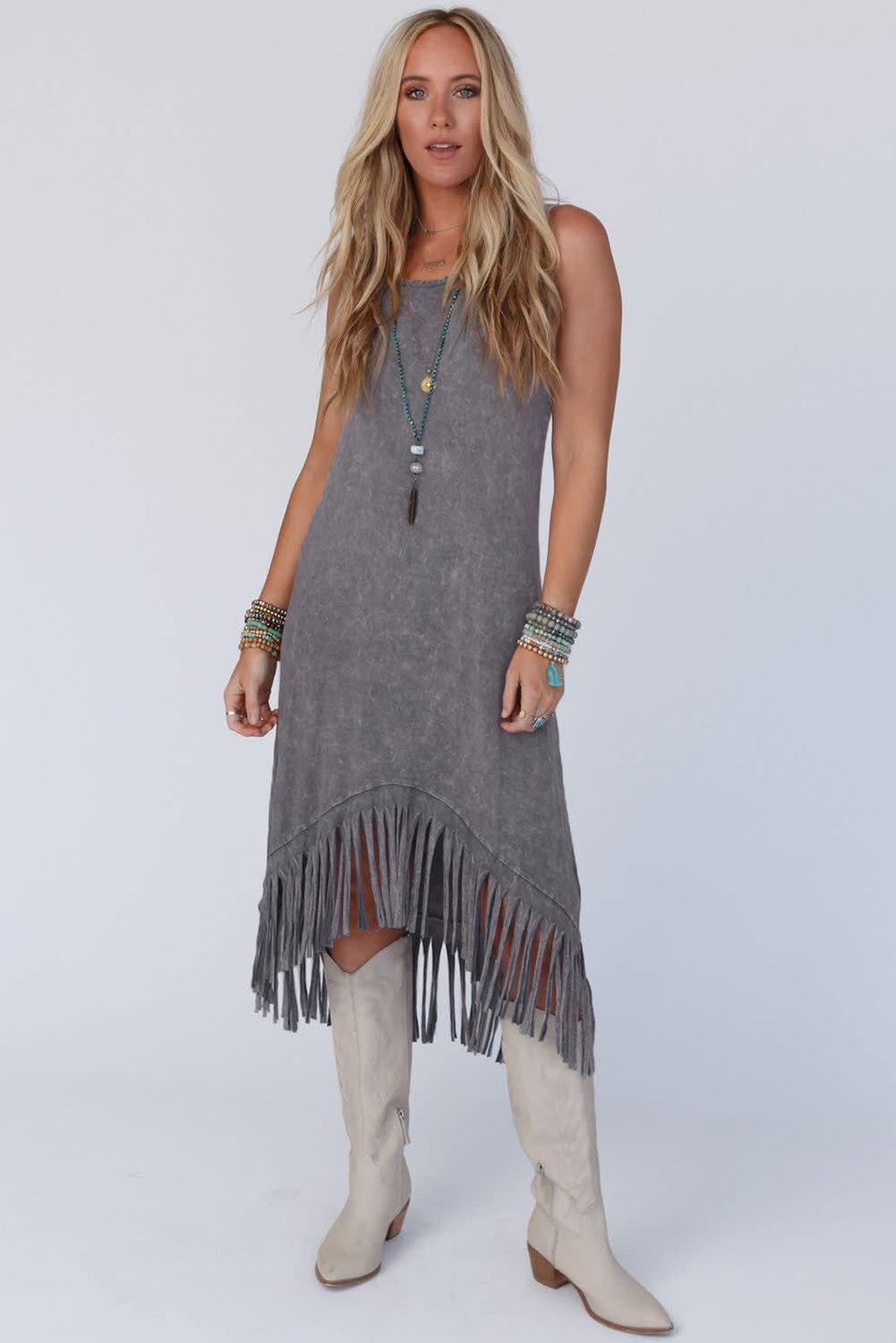 Gray Washed Sleeveless Fringe High Low Hem Maxi Dress - Eloy Royal