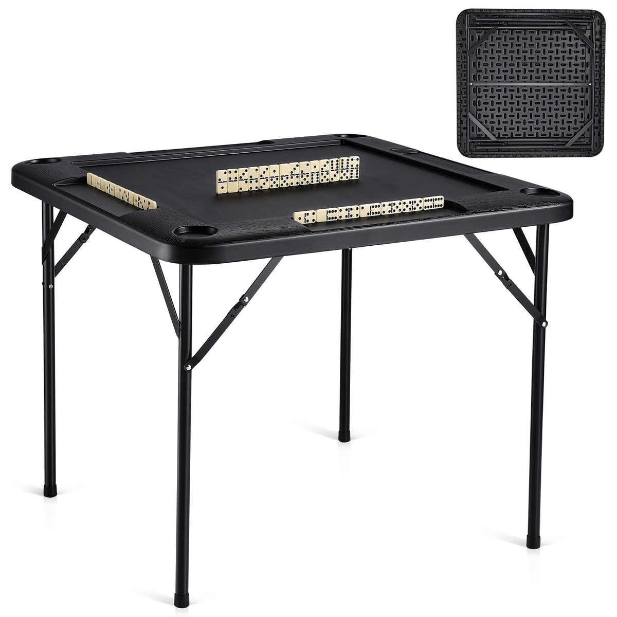 Mahjong Table 4 Player Folding Card Table & 4 Cup Holders Chip Trays Black