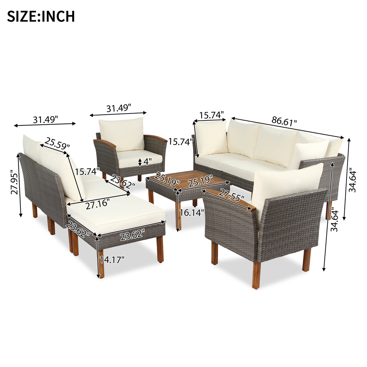 Alessia 9-Piece Wicker and Acacia Sectional Set, Beige