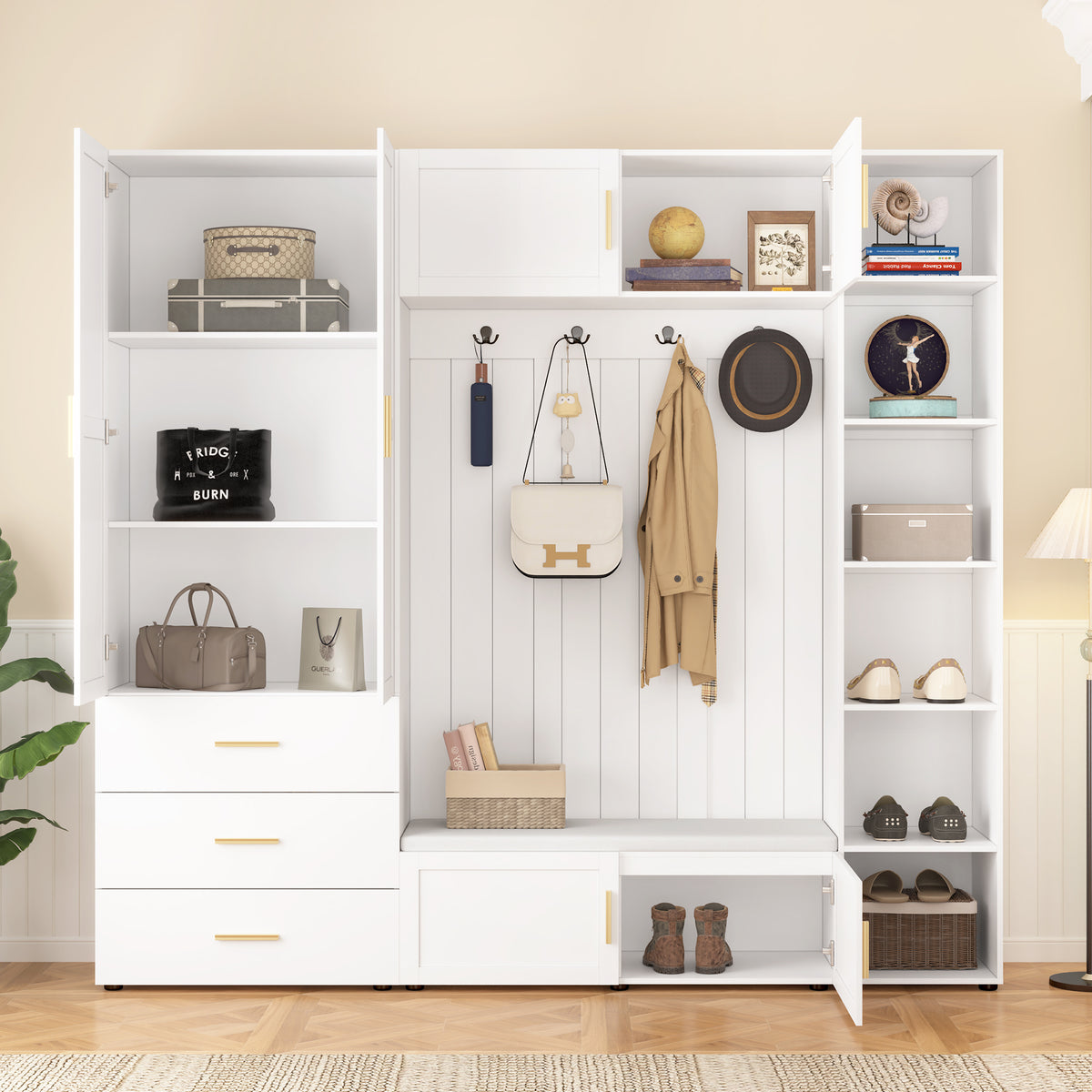 U-Can American Style 4-in-1 Hall Tree with Padded Bench, 4 Hooks, and Adjustable Storage Shelves