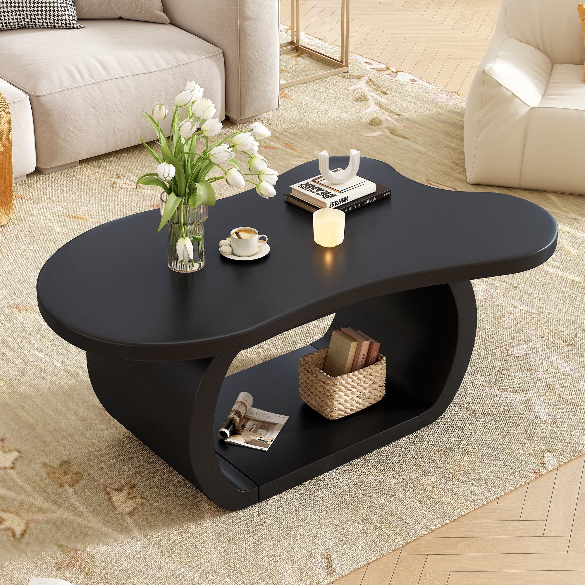 ON-TREND 39.3'*23.6' Modern Cloud Coffee Table with 1.5' Thick Tabletop, Cream Style Irregular End Table with Curved Legs, Unique Design Accent Table with Round Edge for Living Room, Apartment, Black