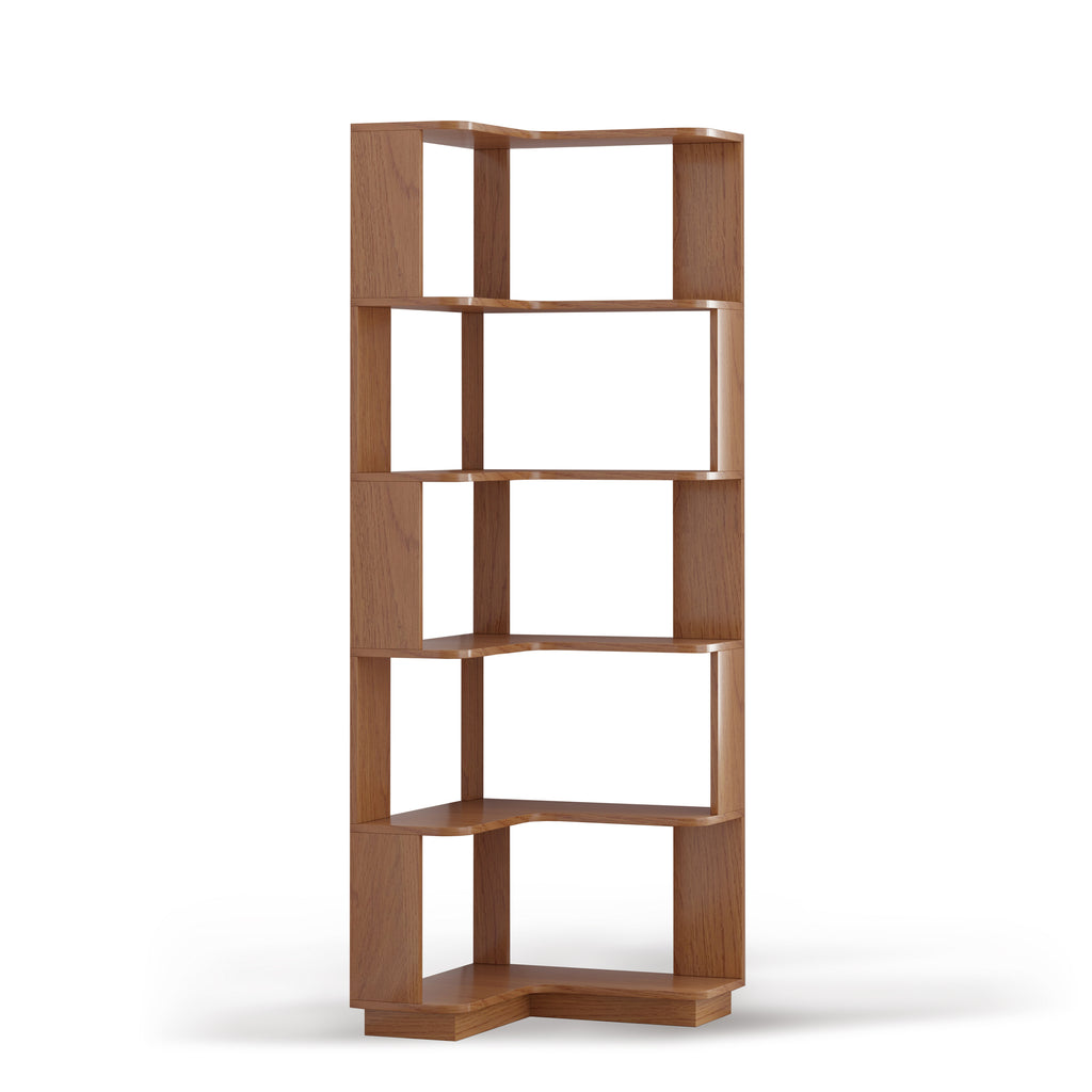 6 Tier L-Shaped Corner Bookshelf in Dark Oak, Wooden Display Rack with Anti-Drop Panels and Anti-Tipping Device for Living Room, Bedroom, or Home Office