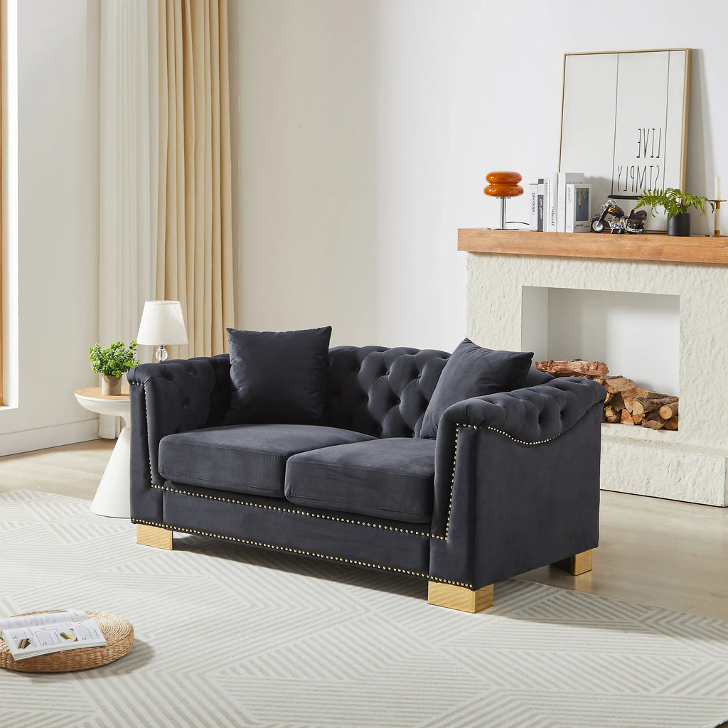 {Video] Classic Modern Style Sofa, 62-inch Chesterfield Classic Rolled Arm Tucked-in Nailhead Decor Cloud Two-Seater Velvet Sofa, Luxury Double Sofa Suitable for Living Room, Bedroom, Apartment, - Eloy Royal