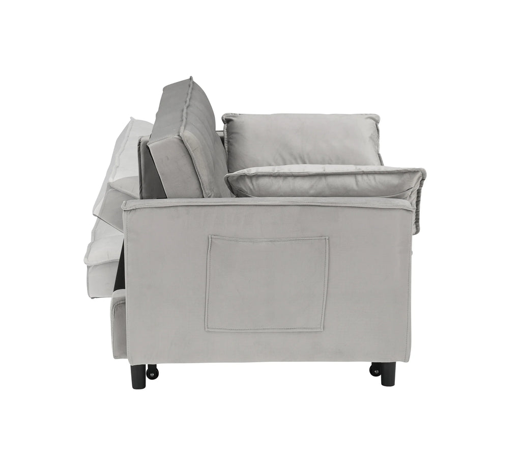 Modern Velvet Loveseat Futon Sofa Couch Pullout Bed, Small Love Seat Lounge Sofa w/Reclining Backrest, Toss Pillows, Pockets, Furniture for Living Room,3 in 1 Convertible Sleeper Sofa Bed, Gra - Eloy Royal