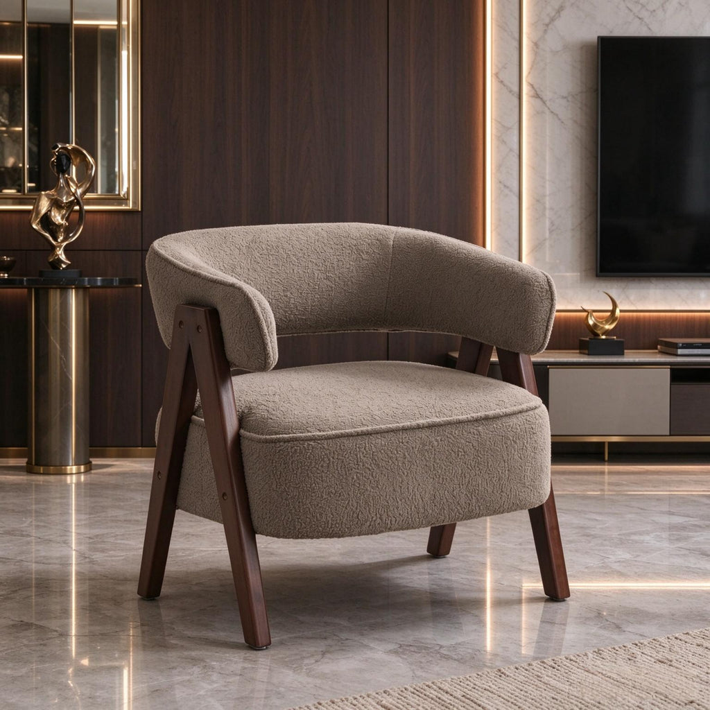 Boucle Accent Chair with Curved Open Back, Modern Upholstered Barrel Armchair, Solid Wood Legs, Comfy Reading Side Chair for Living Room Bedroom