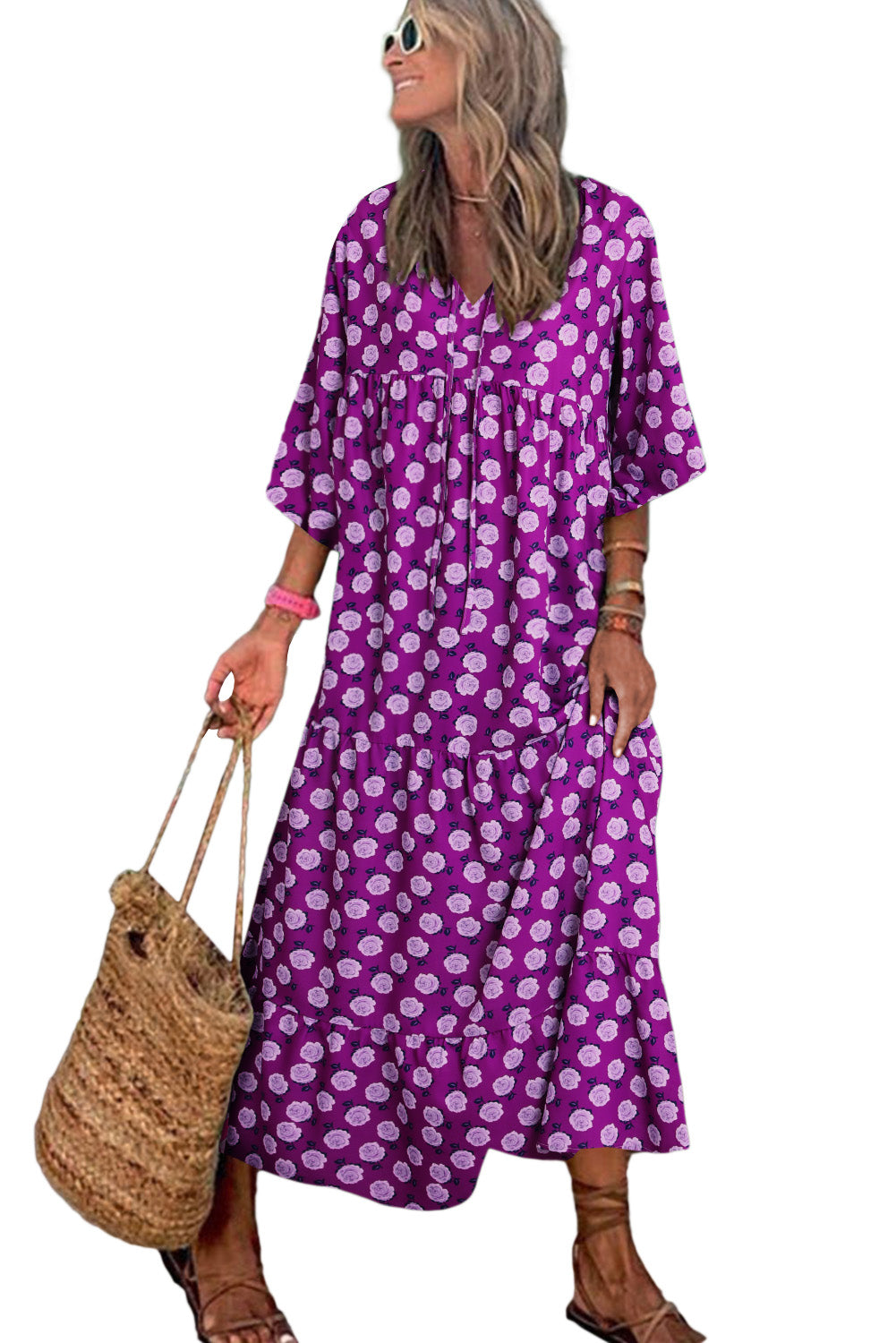 Purple Boho Printed V Neck Puff Sleeve Maxi Dress - Eloy Royal