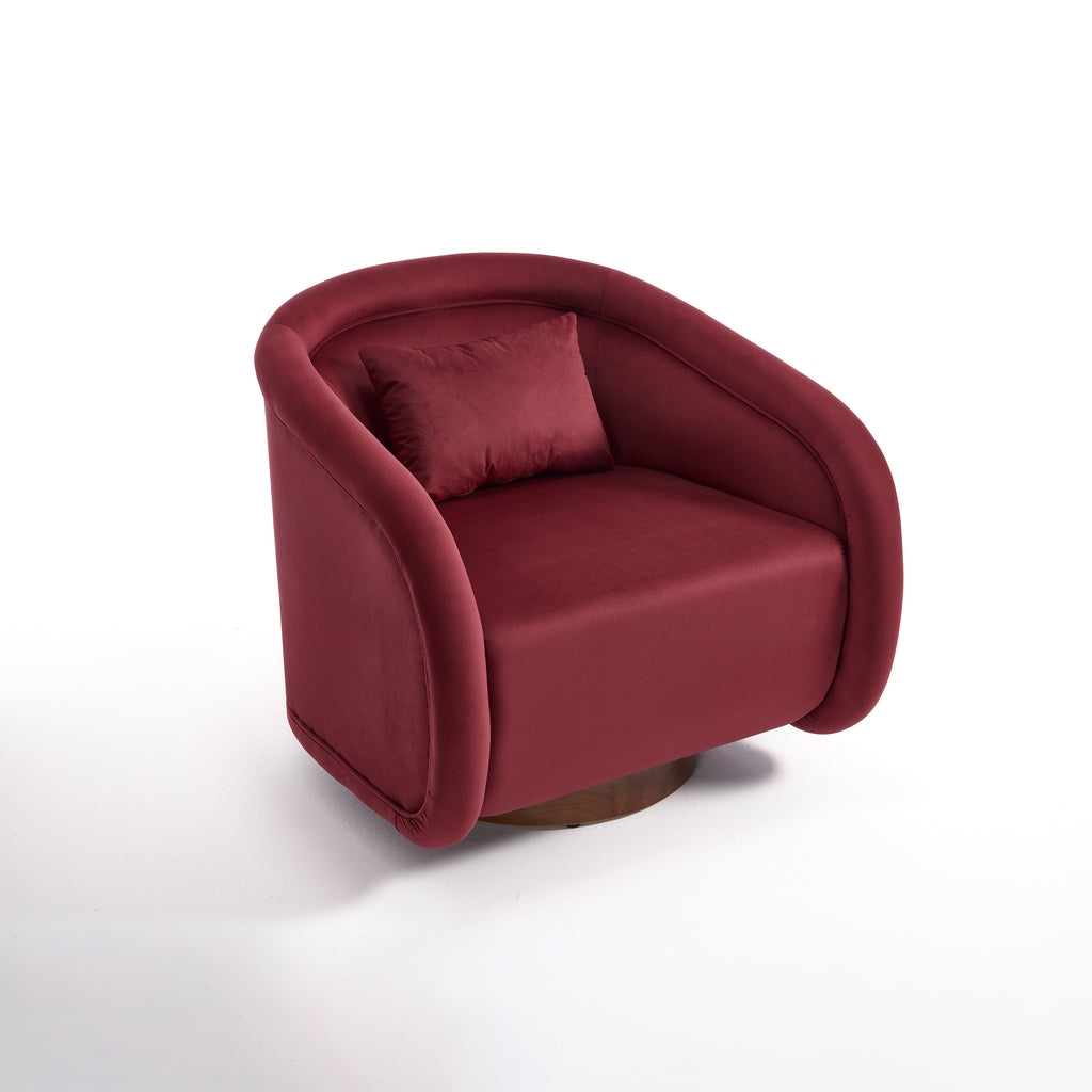 Wine Red Swivel Barrel Chair with Velvet Upholstery, 360-Degree Rotating Accent Chair for Living Room, Bedroom, or Office, Made of Solid Rubber Wood and High-Density Foam