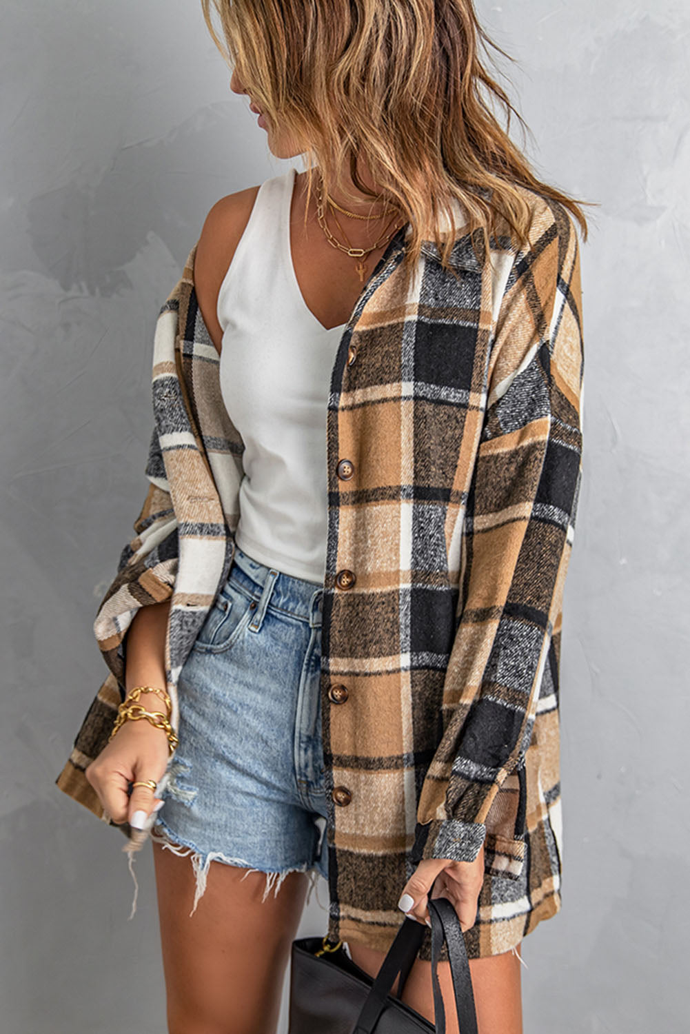 Orange Plaid Button Up Long Sleeve Flannel Shacket - Eloy Royal