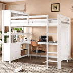 Wood Loft Bed with Cabinet and Bookshelf, Queen Size Loft with Wardrobe and Desk for Kids,White