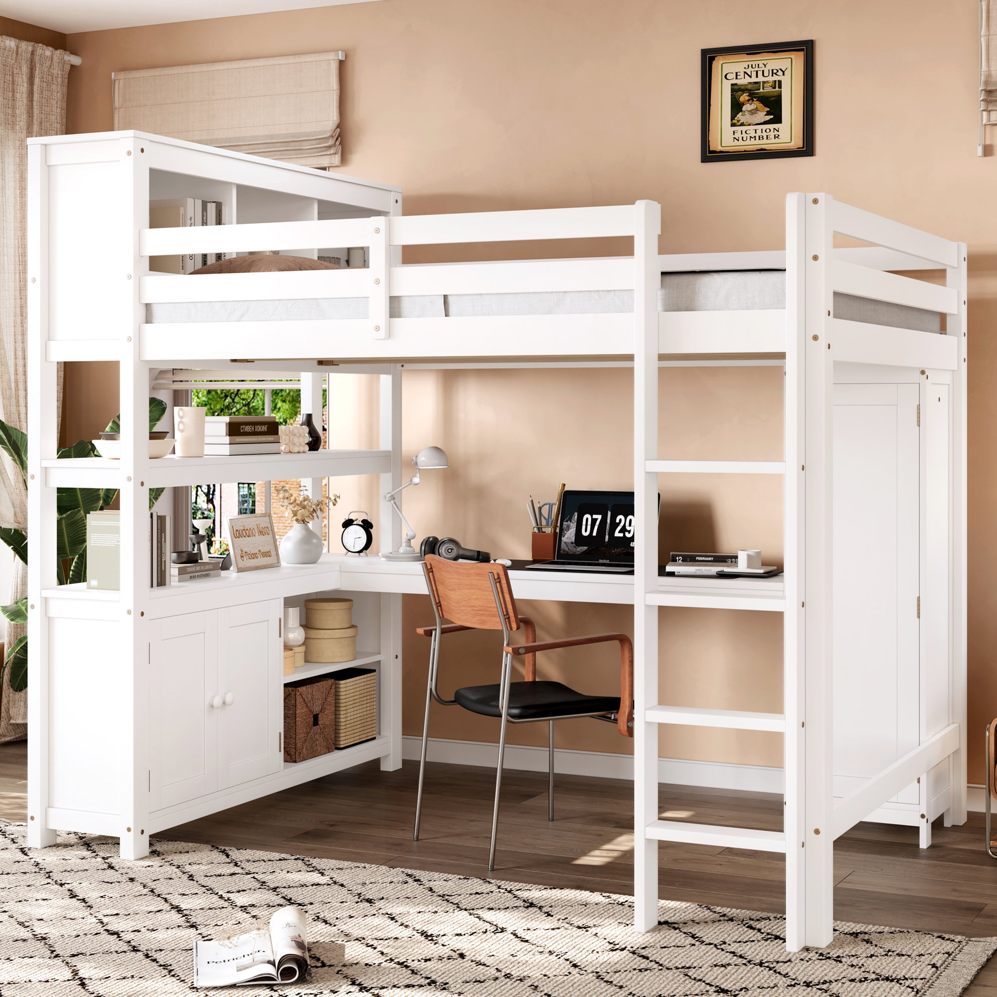 Wood Loft Bed with Cabinet and Bookshelf, Queen Size Loft with Wardrobe and Desk for Kids,White