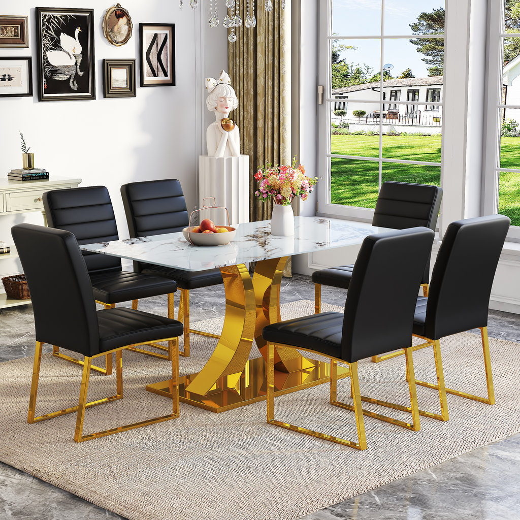 Marble patterned tempered glass dining chair set (gold decoration): 63 inch dining table+4 modern minimalist style dining chairs
