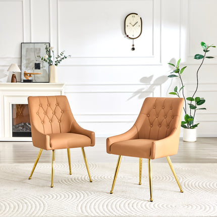 Leather Upholstered Modern Dining Chair with Diamond Tufted Button Back - Dining Room Negotiation Room Cafe Office Accent Chair (Light Brown, Set of 2)