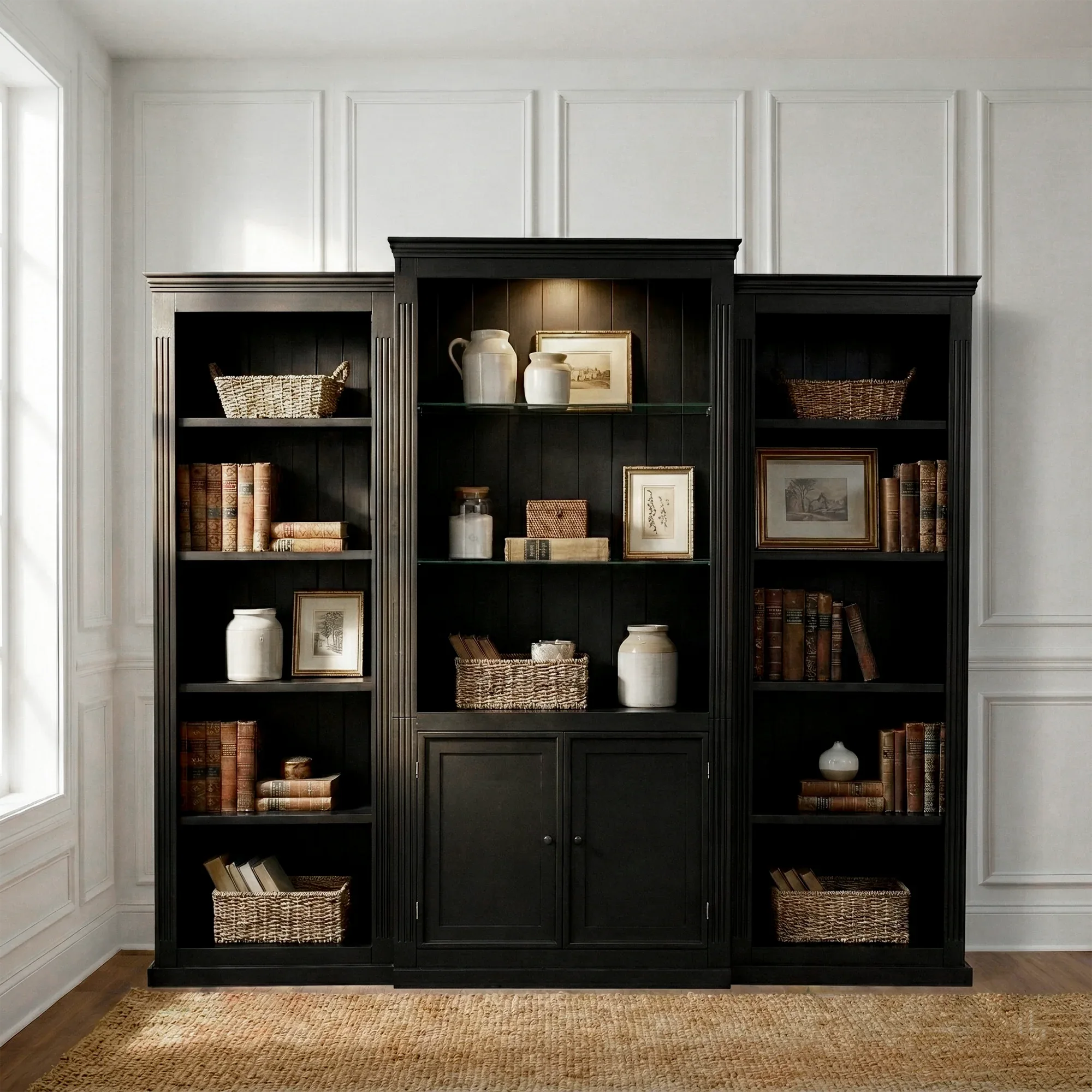 78.75'' Tall 3-Pieces Bookcase, Display Cabinet with 5 Colors Adjustable LED Ceiling Light, Retro style Bookshelves with tempered glass shelves for Living Room, Office, Studio or Workspace, Black - Eloy Royal