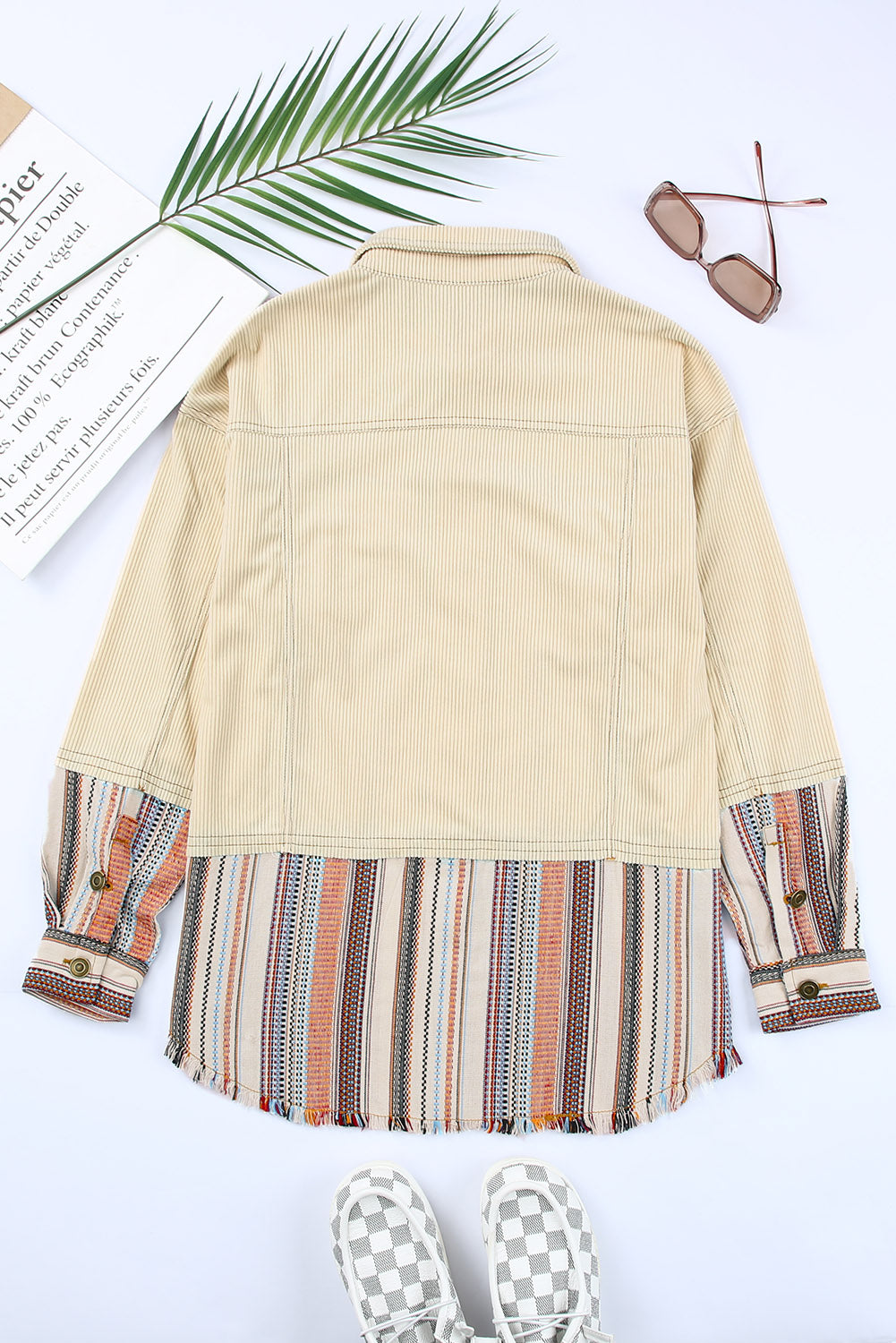 Wholesale Beige Button Up Pockets Striped Color Block Corduroy Jacket - Eloy Royal