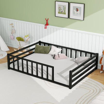 Toddler Floor Bed with Rails and Door, Full Size Montessori Bed for 2-5 Year Olds, Low Profile Metal Platform for Safe Independent Sleep – Heavy Duty Guardrails, No Box Spring Needed, Black