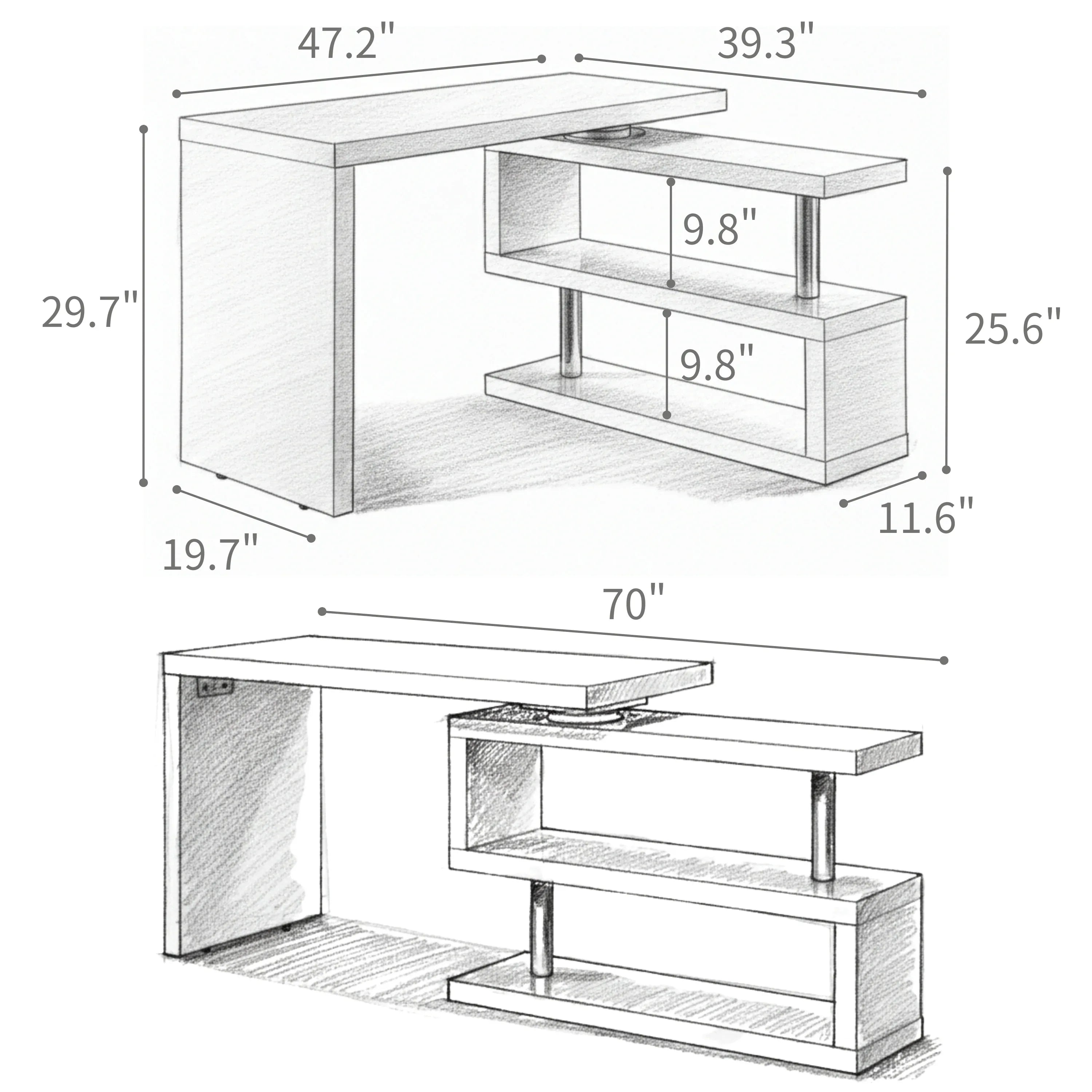 Modern 47'L Swivel Top Desk-High Gloss White - Eloy Royal