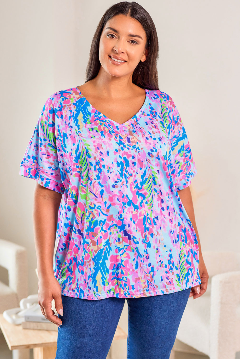 Sky Blue Plus Size Plant Print V Neck T-shirt - Eloy Royal