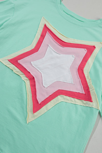 Light Pink Colorblock Star Patched Half Sleeve Oversized Tee - Eloy Royal