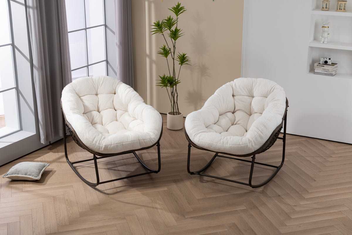Outdoor Rattan Rocking Chair,Padded Cushion Rocker Recliner Chair Outdoor for Front Porch, Living Room, Patio, Garden, White