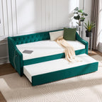 Twin Size Upholstered Daybed with Trundle,USB Port ,Side Pockets,Velvet Daybed with Button on Back and Piping on Waved Shape Arms for Bedroom Guest Room