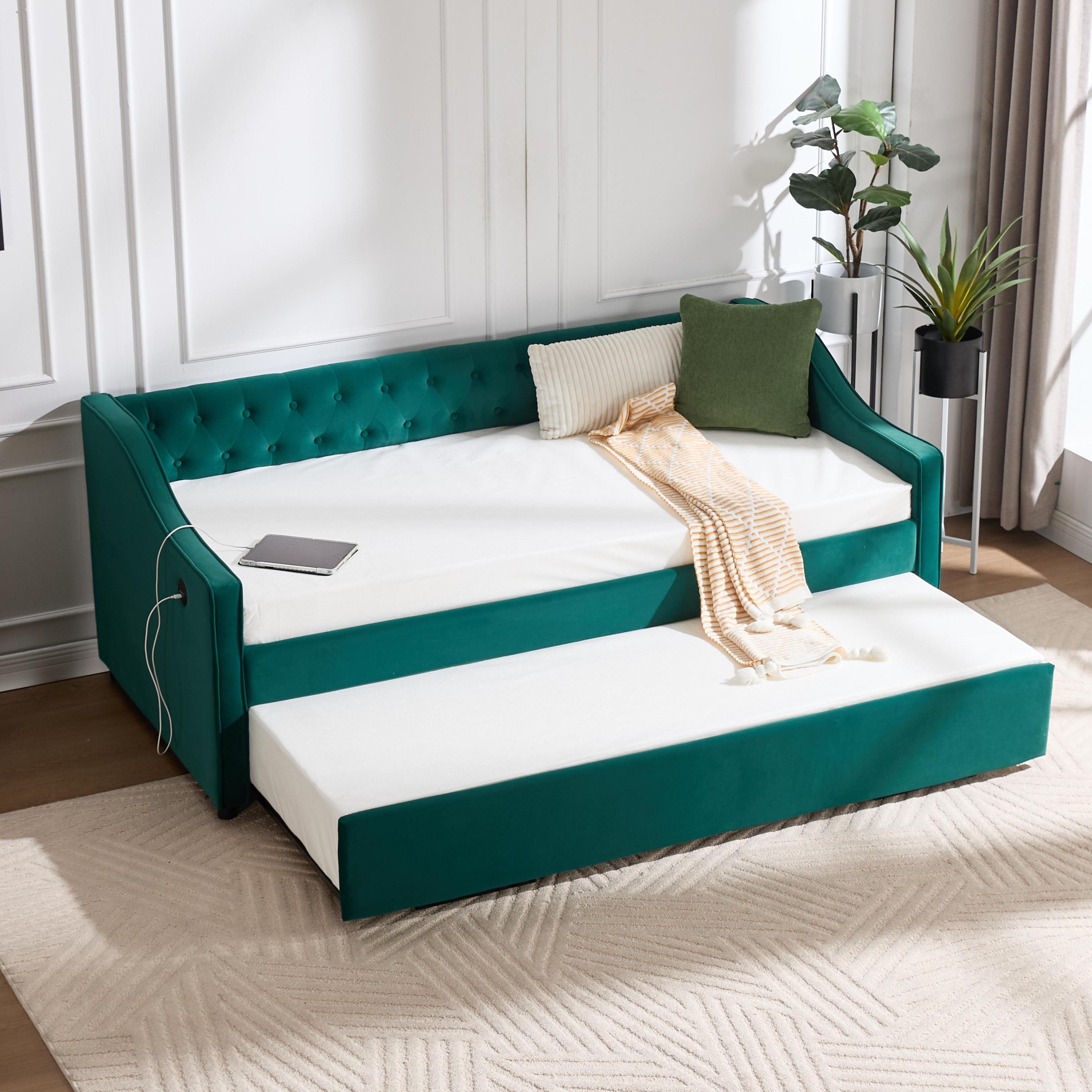 Twin Size Upholstered Daybed with Trundle,USB Port ,Side Pockets,Velvet Daybed with Button on Back and Piping on Waved Shape Arms for Bedroom Guest Room
