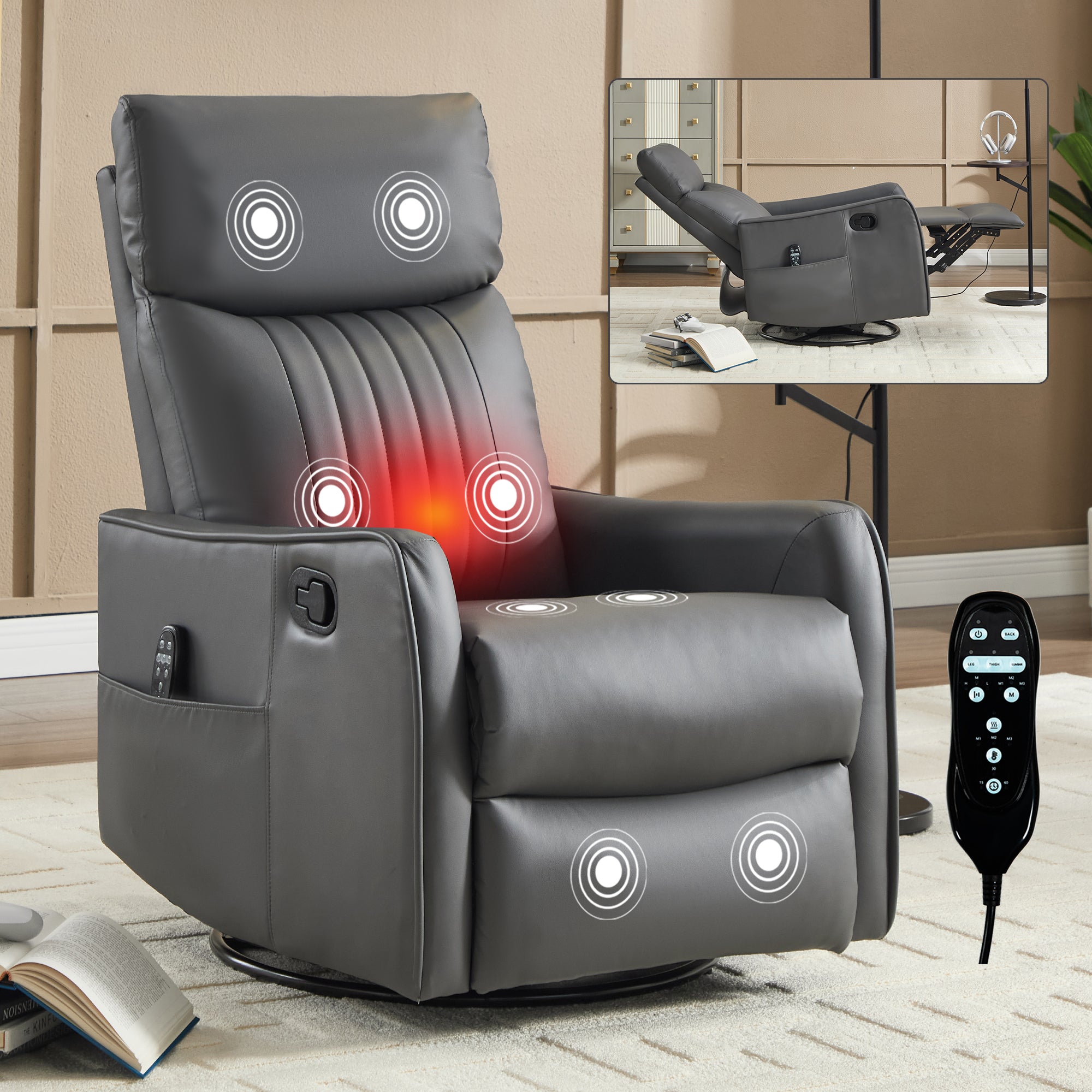 Grey Faux Leather Heat Massage Manual Recliner Chair with Rocker and Swivel for Living Room