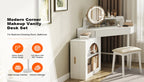 Corner Makeup Vanity Desk With Mirror & LED Lights, Modern Vanity Set With Mirror And Stool, Dressing Table With Large Storage For Small Place, Brightness Adjustable Folding Mirror, White - Eloy Royal