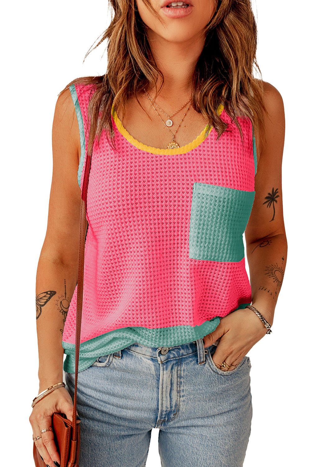 Strawberry Pink Color Block Patched Pocket Waffle Knit Tank Top - Eloy Royal