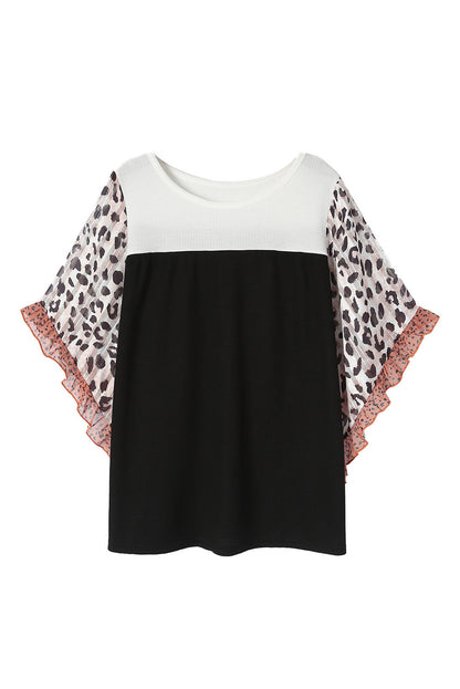 Black Rib Knit Animal Print Ruffle Sleeves Plus Size Top - Eloy Royal