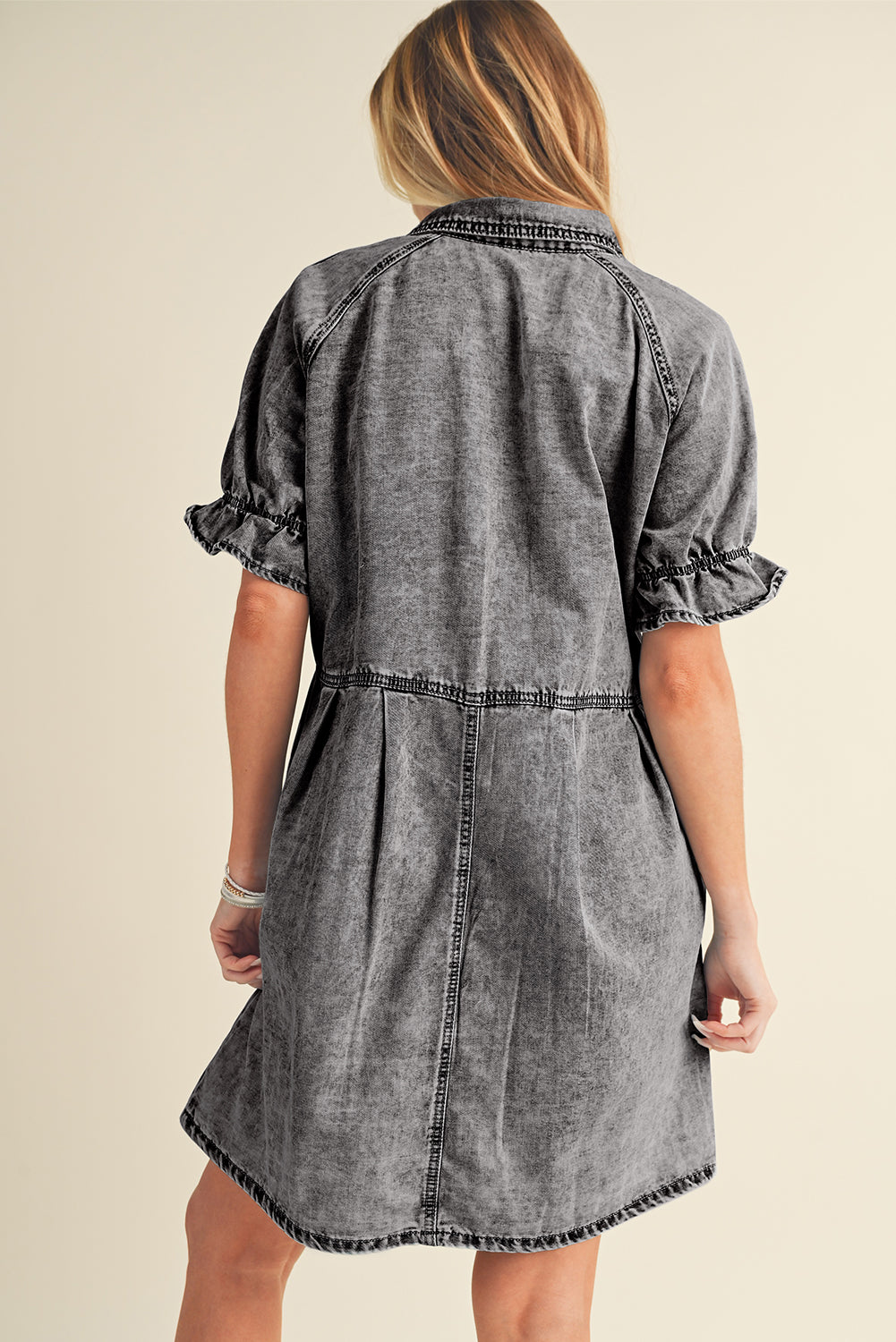 Blue Mineral Washed Ruffled Short Sleeve Pocketed Denim Dress - Eloy Royal