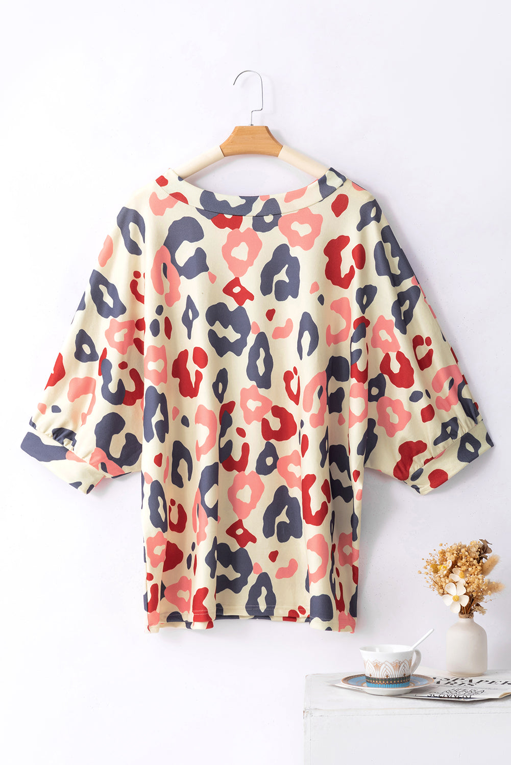 White Plus Size Colorful Leopard Print Batwing Sleeve Top - Eloy Royal