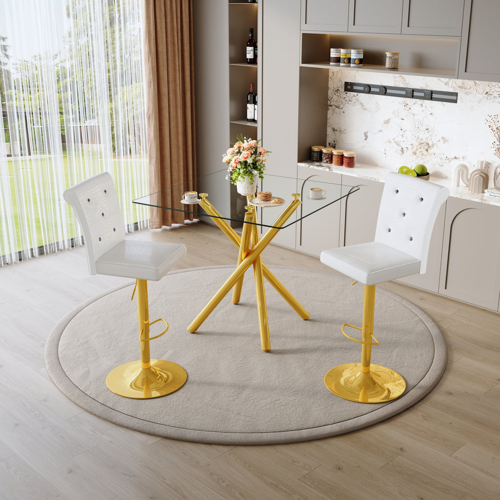 Modern Glass Bar Table and Adjustable Bar Stools Set of 2, Contemporary Counter Height Pub Table with Gold Chrome Legs, White PU Leather Swivel Bar Chairs for Kitchen Island, Home Bar, Small Space