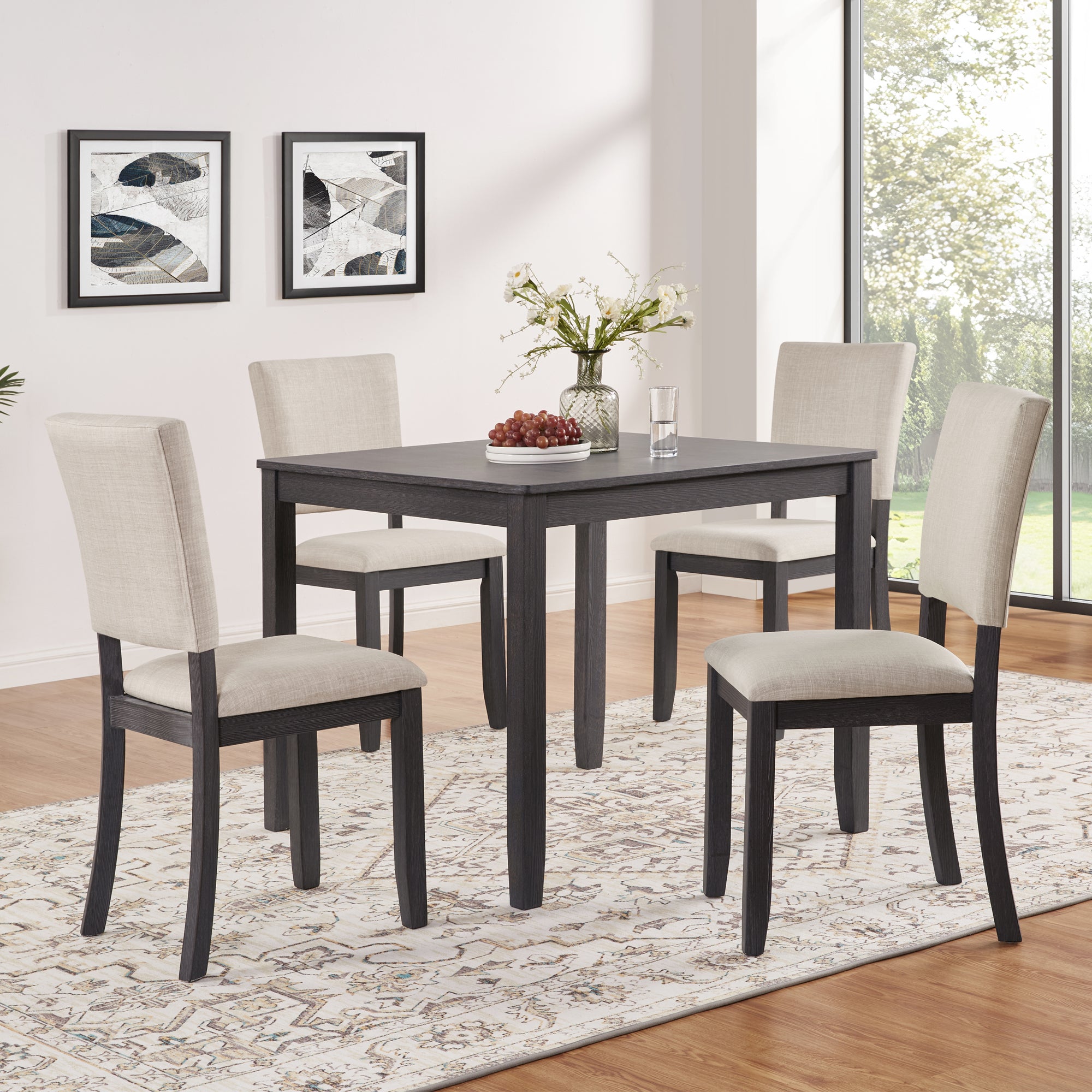 Modern 4 Person Dining Table Set with 4 Chairs, Dining Table Set for 4 People, 5-piece Wooden Dining Table Set for Living Room, Kitchen and Dining Room, Antique Black + Beige