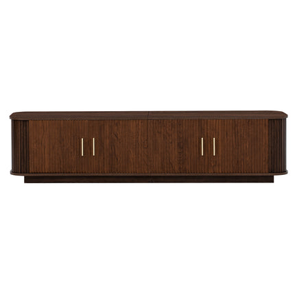 70-inch Modern TV Stand for TVs up to 80 inches, Dark Brown Woodgrain Finish with Ample Storage, MDF Construction, Refined Curved Corners