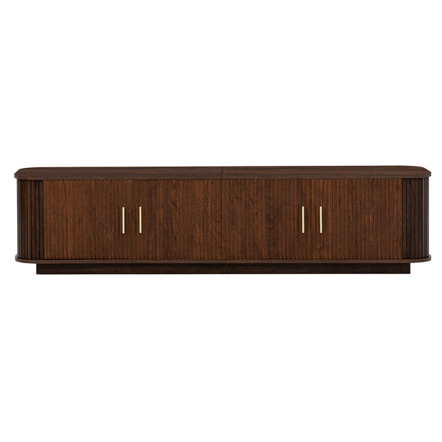 70-inch Modern TV Stand for TVs up to 80 inches, Dark Brown Woodgrain Finish with Ample Storage, MDF Construction, Refined Curved Corners